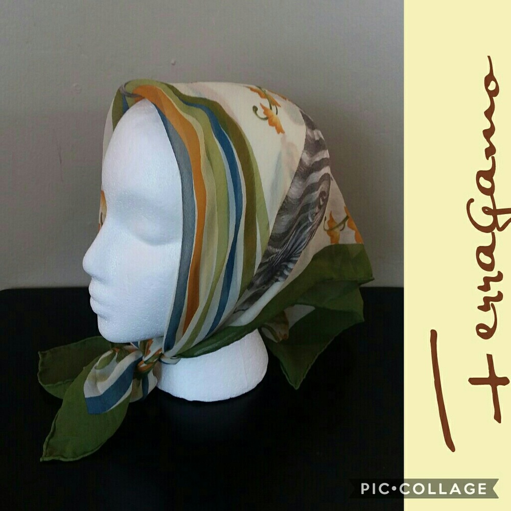 Salvatore Ferragamo Silk Scarf in Olive Green, Cream, Blue and Mustard